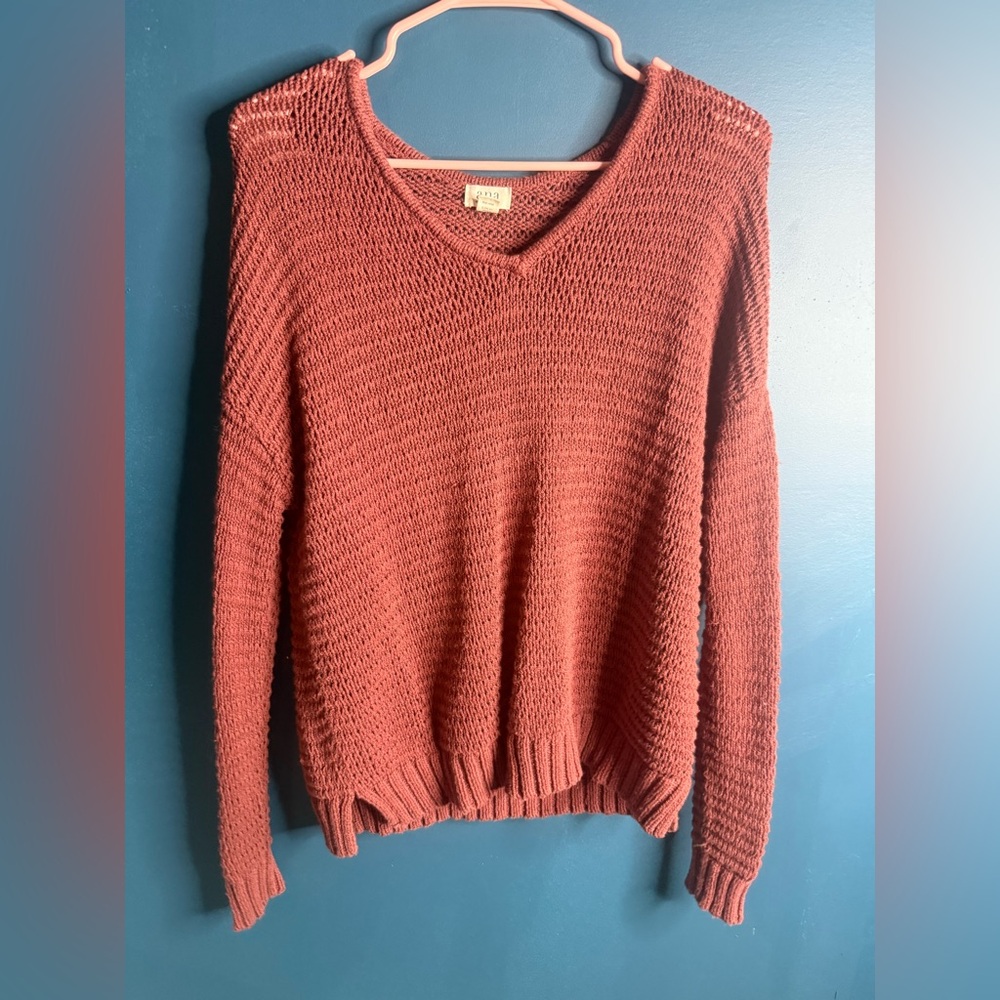 a.n.a Brown V-Neck Sweater with Ribbed Knit